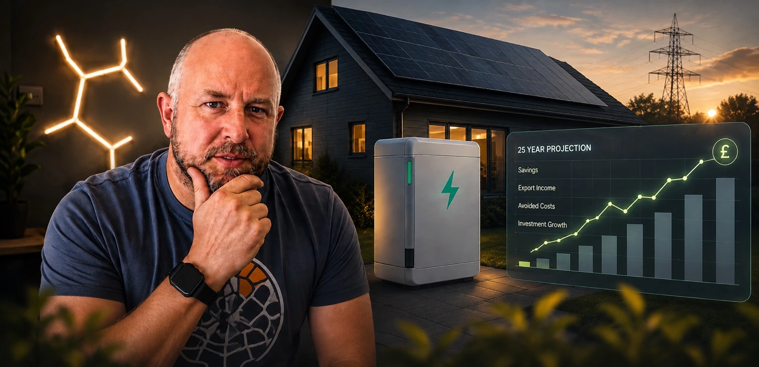 Dale from Considered with a UK home, rooftop solar panels, a home battery and a long term financial chart